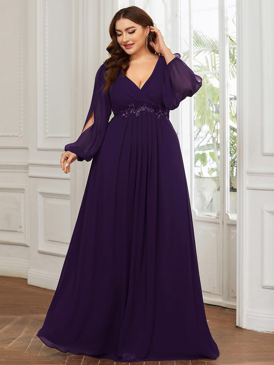Robes de soirée élégantes en mousseline de soie grande taille avec manches longues en lanterne #Couleur_Violet Fonce