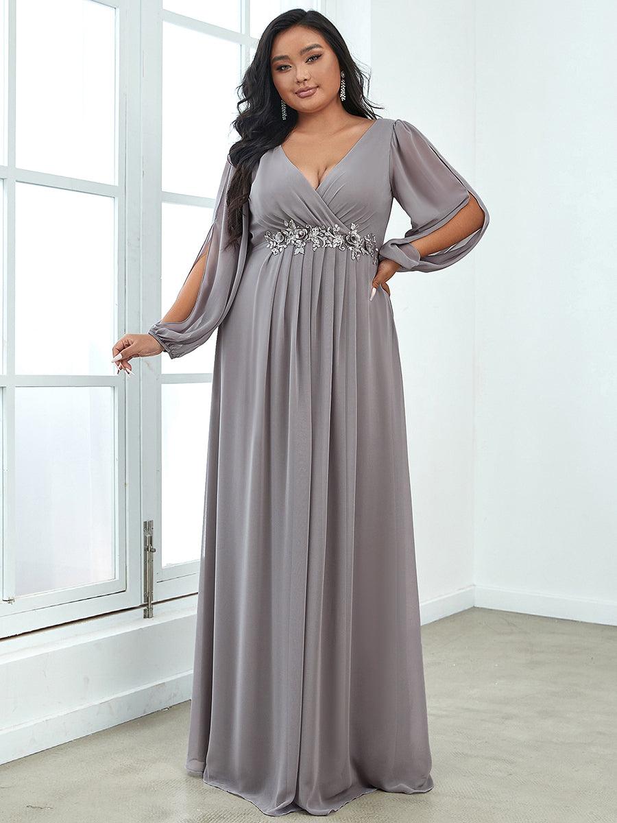 Robes de soirée élégantes en mousseline de soie grande taille avec manches longues en lanterne #Couleur_Gris
