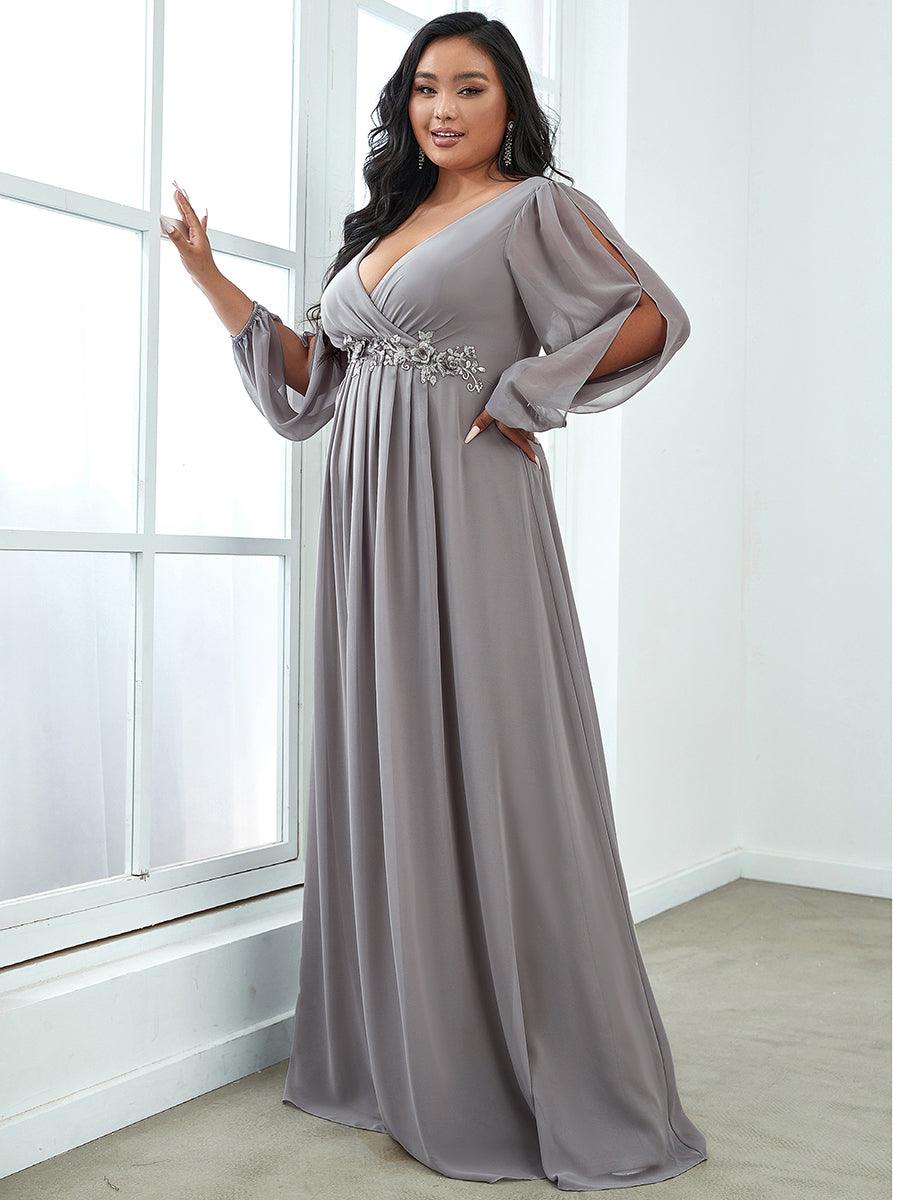 Robes de soirée élégantes en mousseline de soie grande taille avec manches longues en lanterne #Couleur_Gris