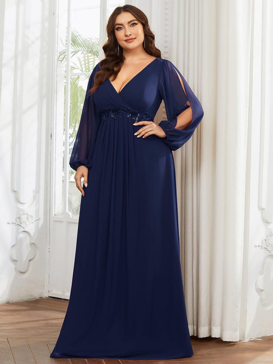 Robes de soirée élégantes en mousseline de soie grande taille avec manches longues en lanterne #Couleur_Bleu Marine