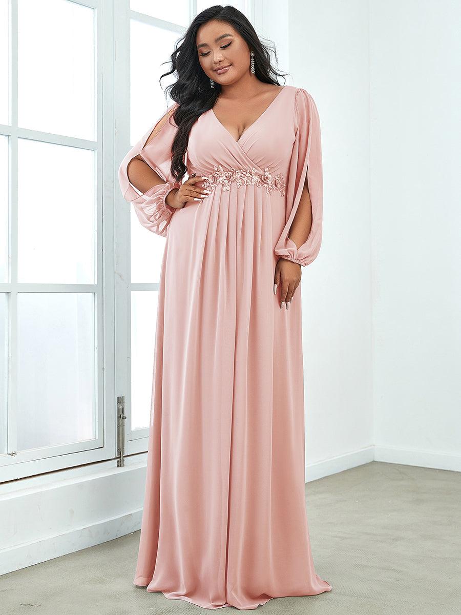 Robes de soirée élégantes en mousseline de soie grande taille avec manches longues en lanterne #Couleur_Rose