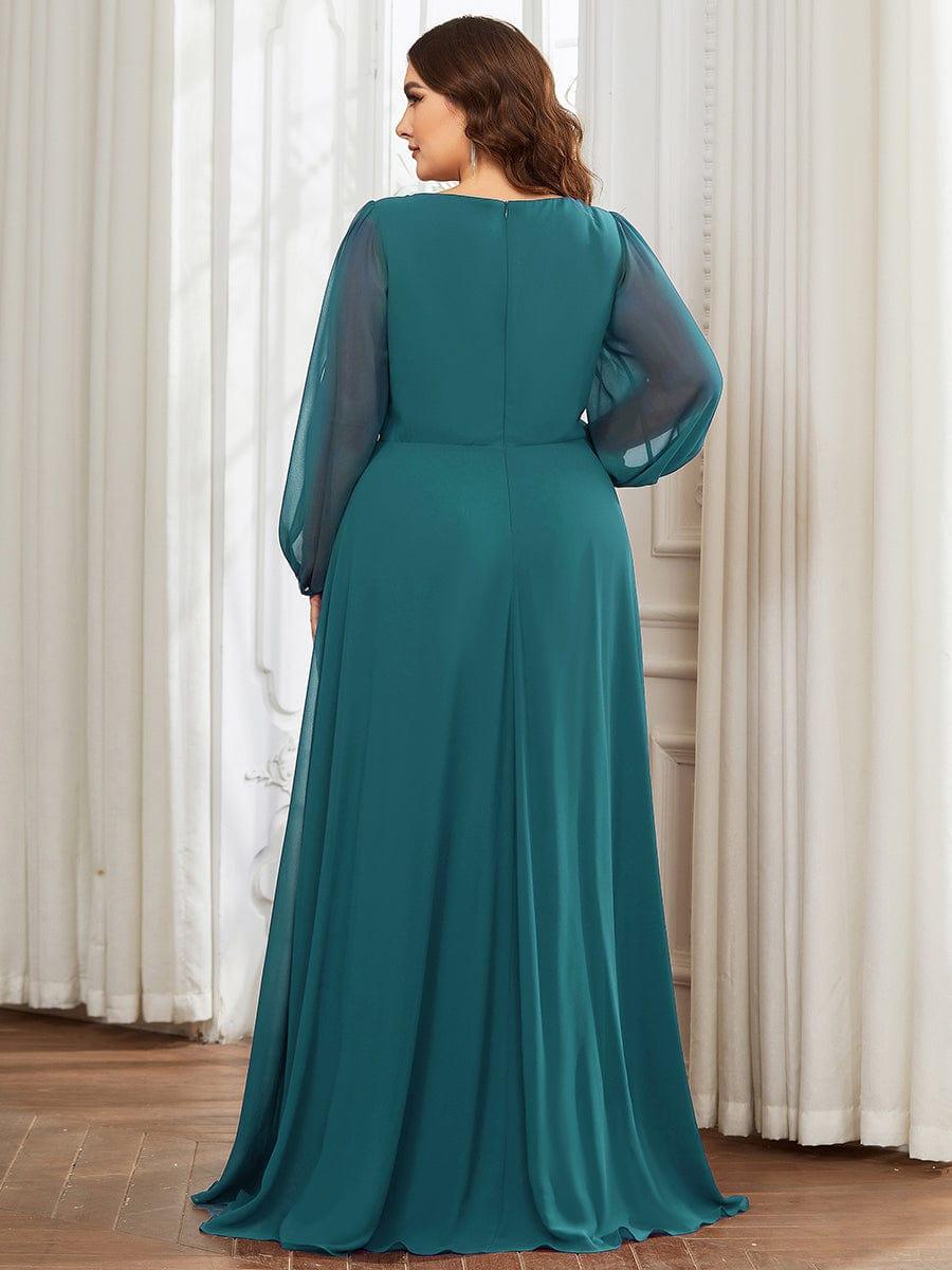 Robes de soirée élégantes en mousseline de soie grande taille avec manches longues en lanterne #Couleur_Bleu Sarcelle