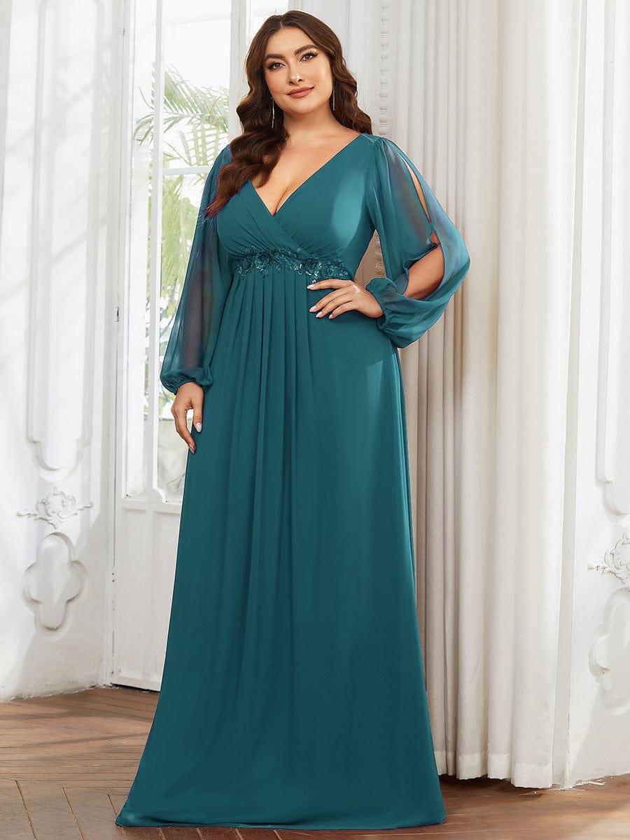 Robes de soirée élégantes en mousseline de soie grande taille avec manches longues en lanterne #Couleur_Bleu Sarcelle