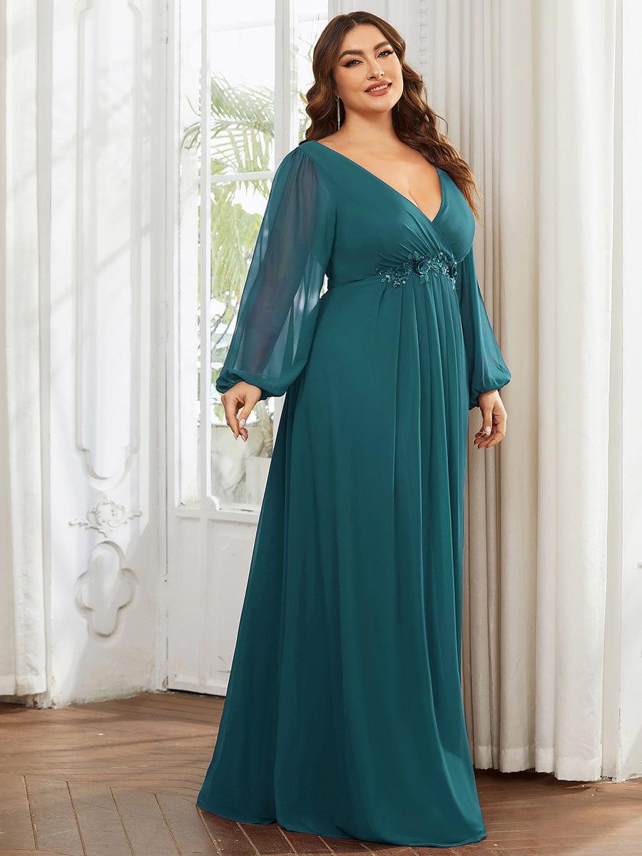 Robes de soirée élégantes en mousseline de soie grande taille avec manches longues en lanterne #Couleur_Bleu Sarcelle