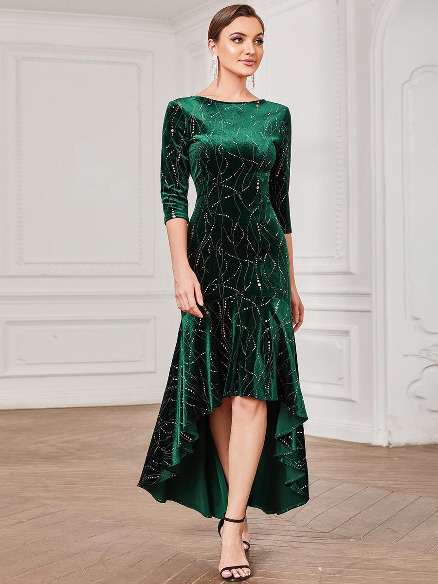 élégante Robe De Soirée En Velours Haute-basse #Couleur_Vert Fonce élégante Robe De Soirée En Velours Haute-basse