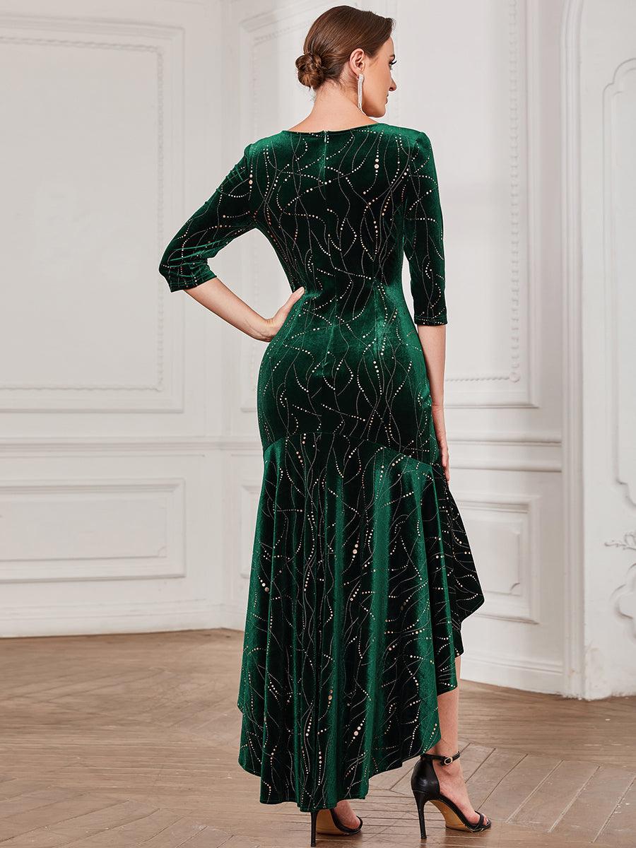 élégante Robe De Soirée En Velours Haute-basse #Couleur_Vert Fonce élégante Robe De Soirée En Velours Haute-basse