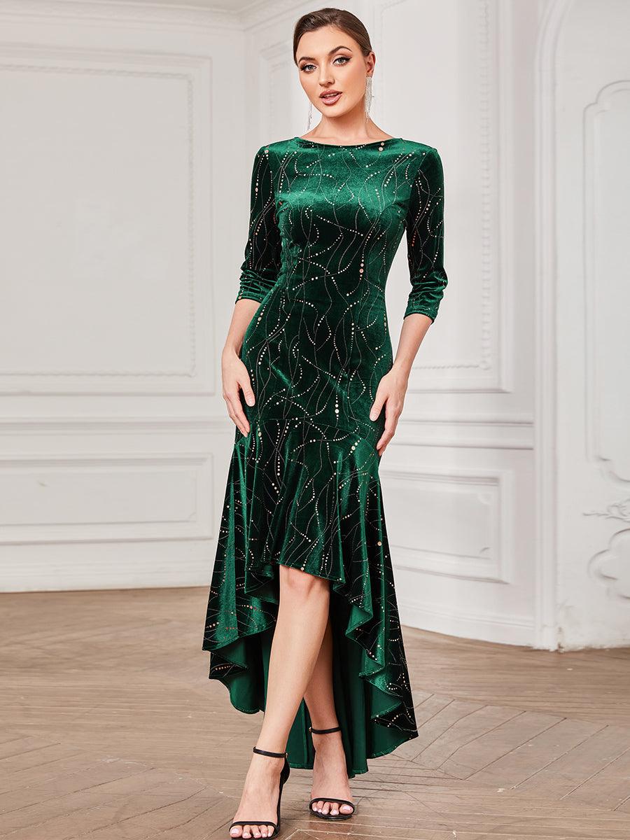 élégante Robe De Soirée En Velours Haute-basse #Couleur_Vert Fonce élégante Robe De Soirée En Velours Haute-basse