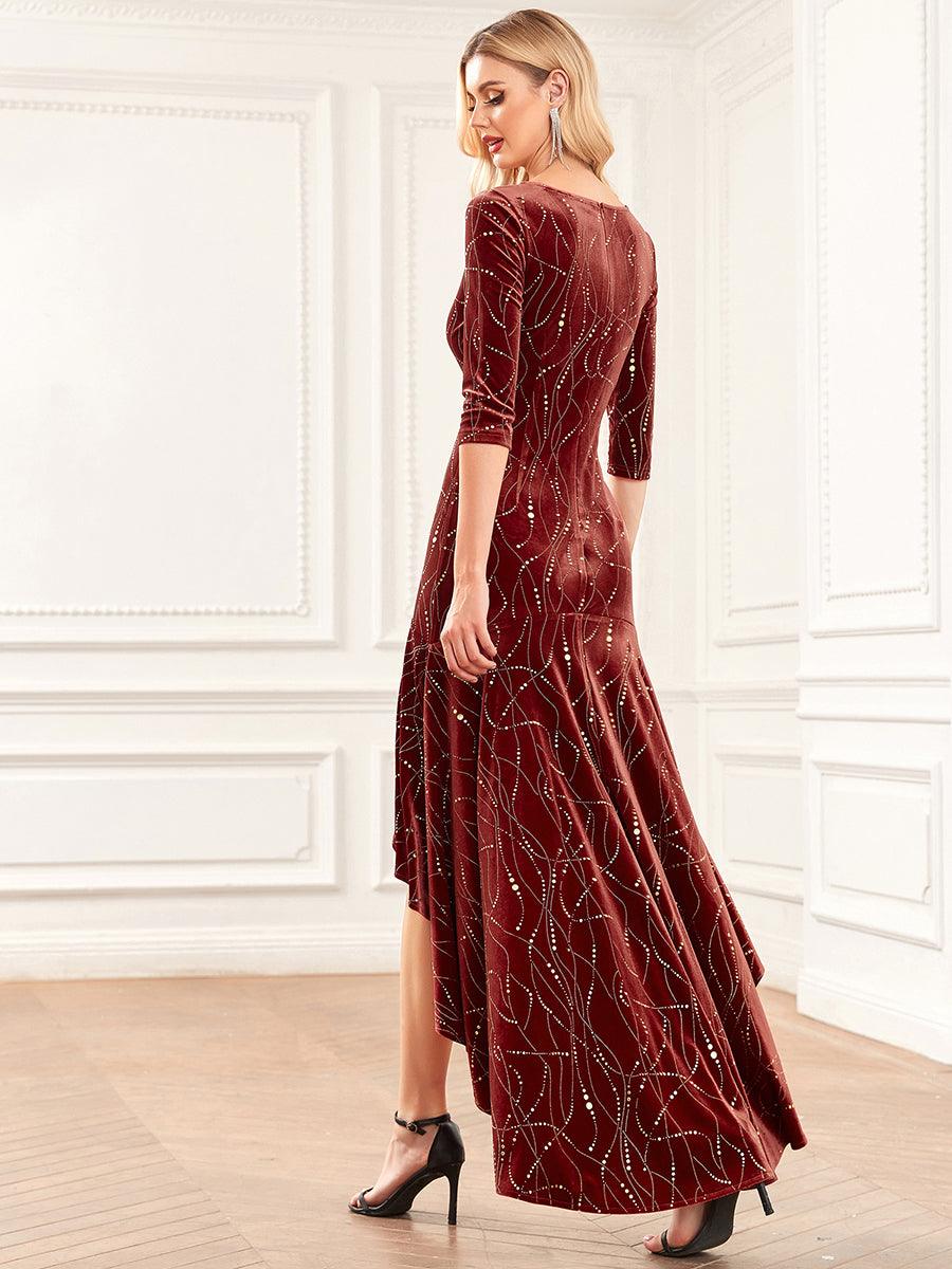 élégante Robe De Soirée En Velours Haute-basse #Couleur_Vert Fonce élégante Robe De Soirée En Velours Haute-basse