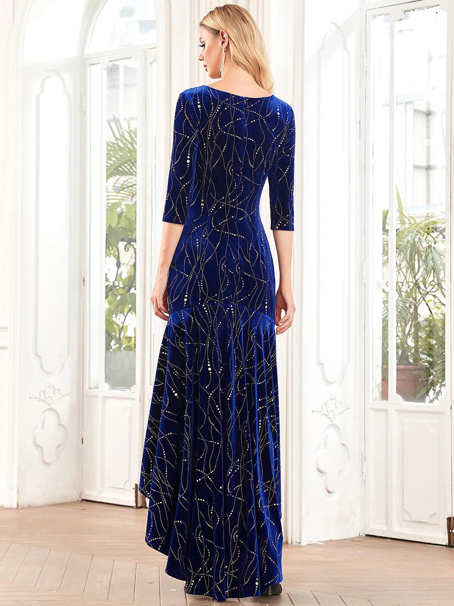 élégante Robe De Soirée En Velours Haute-basse #Couleur_Vert Fonce élégante Robe De Soirée En Velours Haute-basse