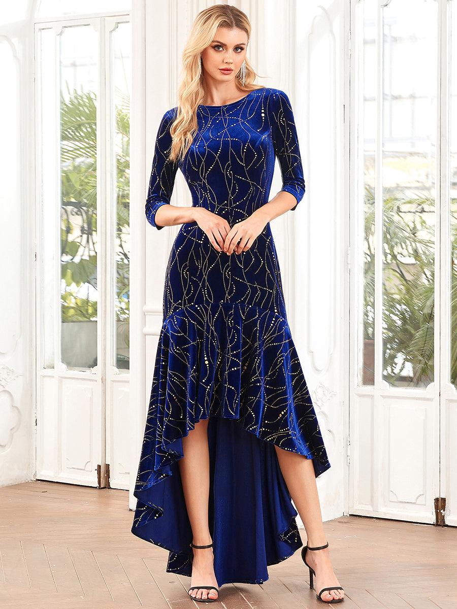 élégante Robe De Soirée En Velours Haute-basse #Couleur_Vert Fonce élégante Robe De Soirée En Velours Haute-basse