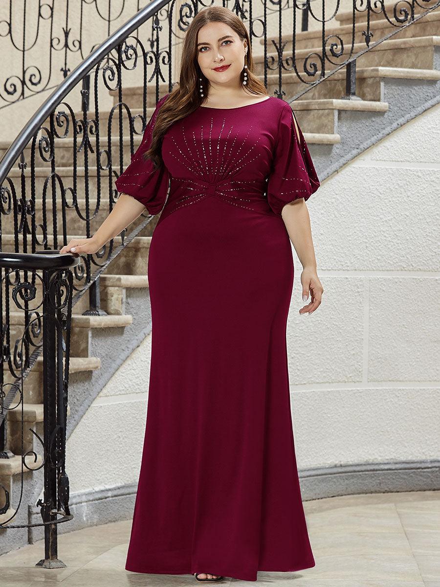 Robe de Soirée Longue Grande Taille Chic à Col Rond et Demi Manches #Couleur_Bordeaux