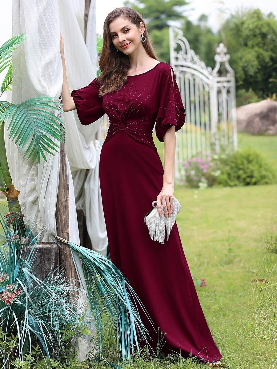 Robe de Soirée Longue Chic à Col Rond et Demi Manches #Couleur_Bordeaux