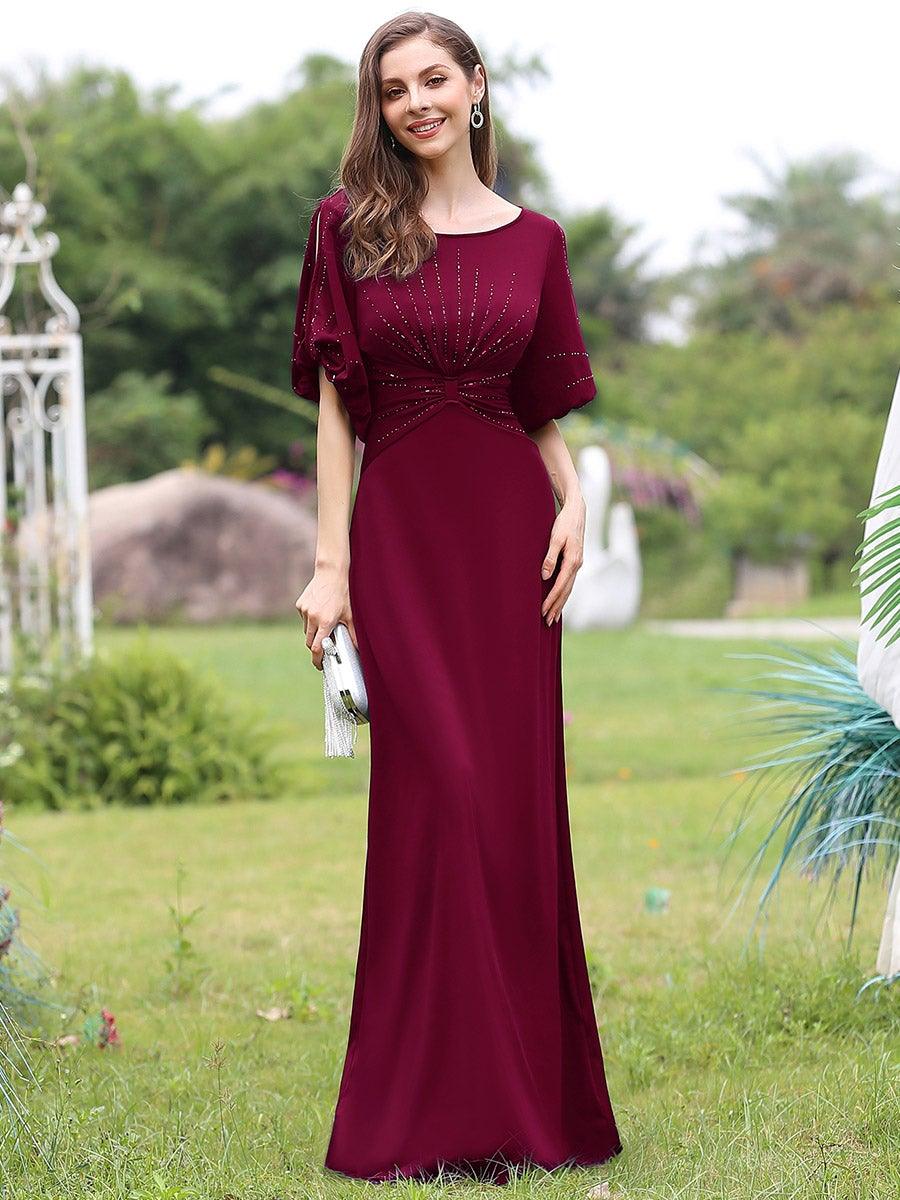 Robe de Soirée Longue Chic à Col Rond et Demi Manches #Couleur_Bordeaux