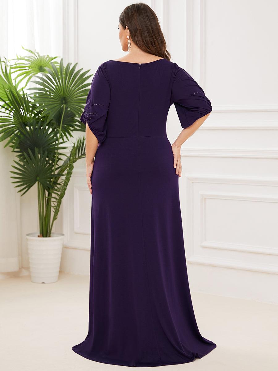 Robe de Soirée Longue Grande Taille Chic à Col Rond et Demi Manches #Couleur_Violet Fonce