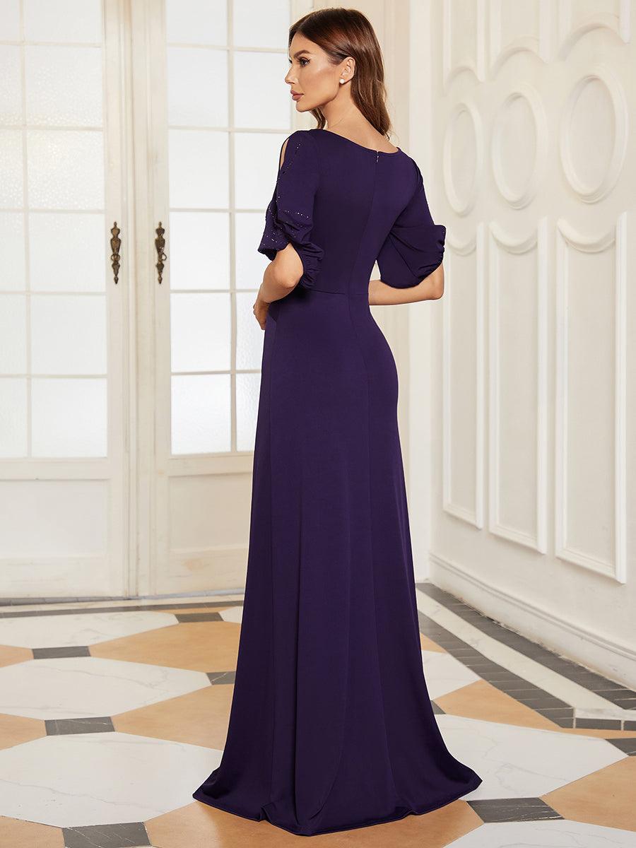 Robe de Soirée Longue Chic à Col Rond et Demi Manches #Couleur_Violet Fonce