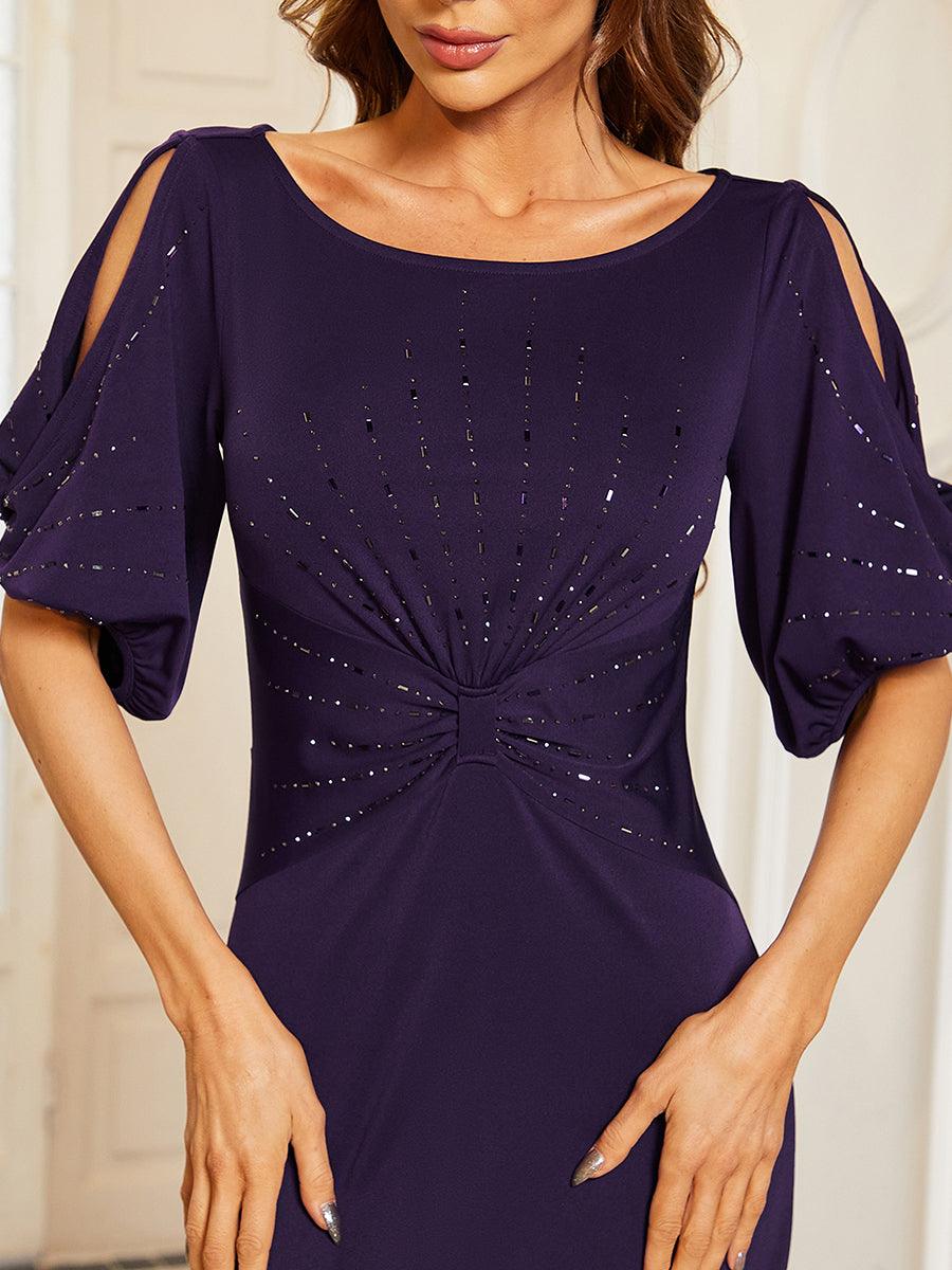Robe de Soirée Longue Chic à Col Rond et Demi Manches #Couleur_Violet Fonce