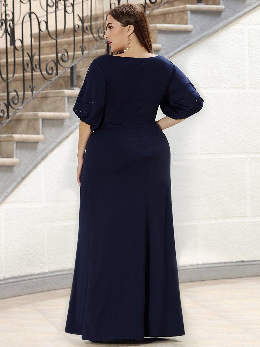 Robe de Soirée Longue Grande Taille Chic à Col Rond et Demi Manches #Couleur_Bleu Marine
