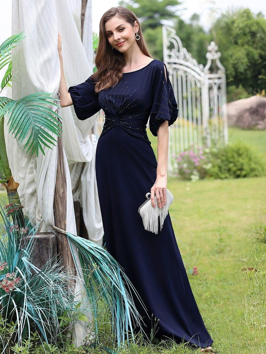 Robe de Soirée Longue Chic à Col Rond et Demi Manches #Couleur_Bleu Marine