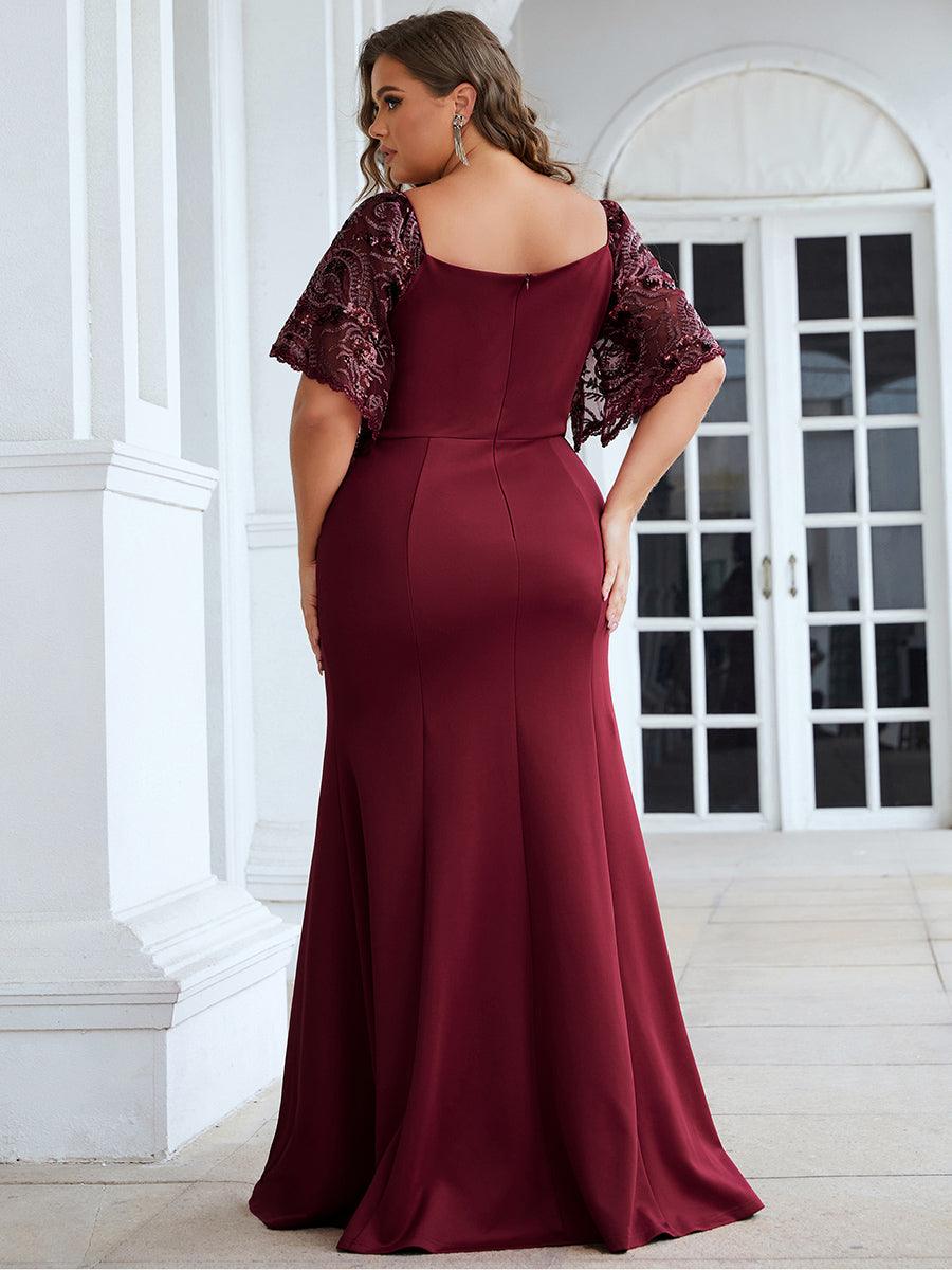 Robe de Soirée Grande Taille Sirène Moulante Sexy à Manches évasée #Couleur_Bordeaux