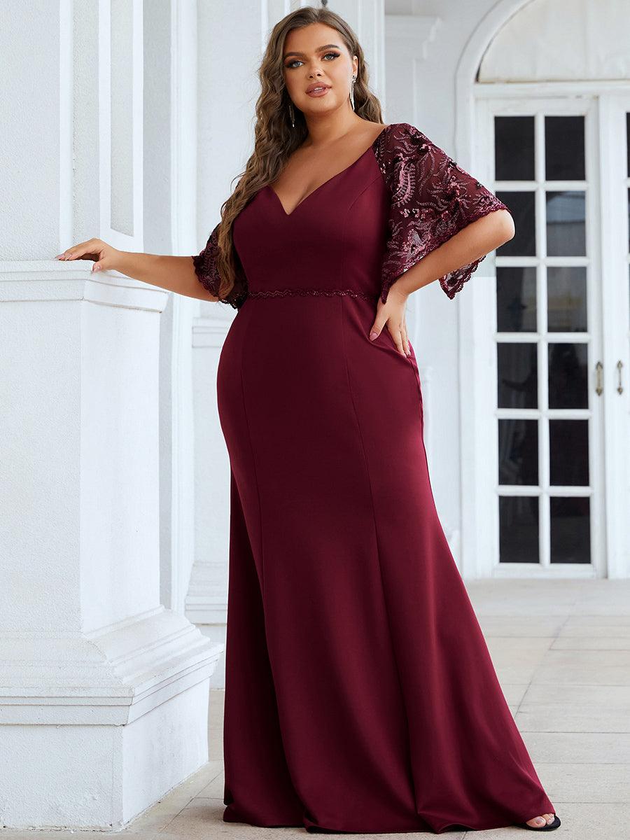 Robe de Soirée Grande Taille Sirène Moulante Sexy à Manches évasée #Couleur_Noir Robe de Soirée Grande Taille Sirène Moulante Sexy à Manches évasée