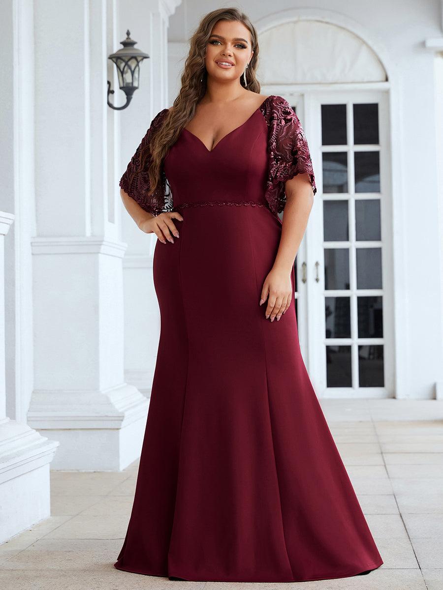 Taille personnalisée Robe de Soirée Sirène Moulante Sexy à Col en V #Couleur_Bordeaux Taille personnalisée Robe de Soirée Sirène Moulante Sexy à Col en V