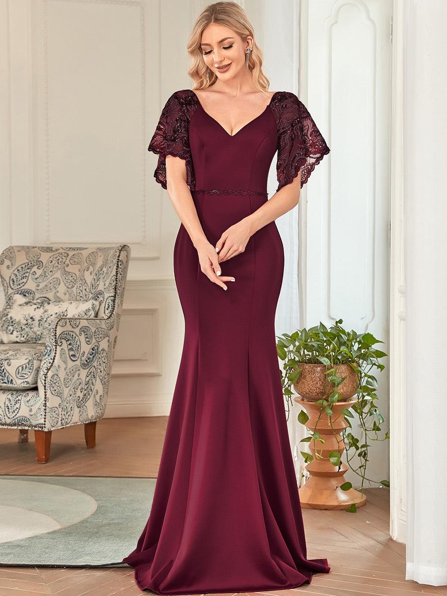 Taille personnalisée Robe de Soirée Sirène Moulante Sexy à Col en V #Couleur_Bordeaux Taille personnalisée Robe de Soirée Sirène Moulante Sexy à Col en V