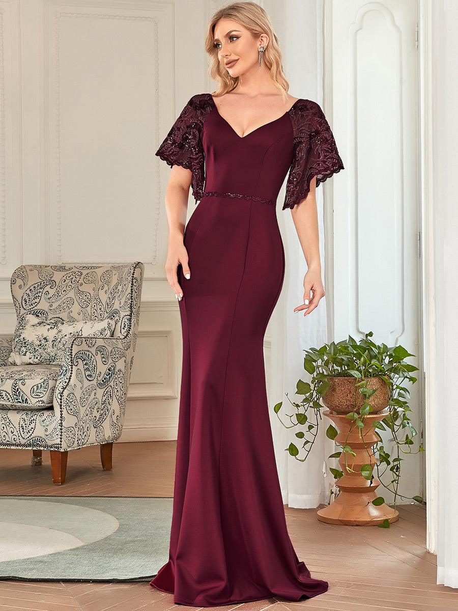 Taille personnalisée Robe de Soirée Sirène Moulante Sexy à Col en V #Couleur_Bordeaux Taille personnalisée Robe de Soirée Sirène Moulante Sexy à Col en V