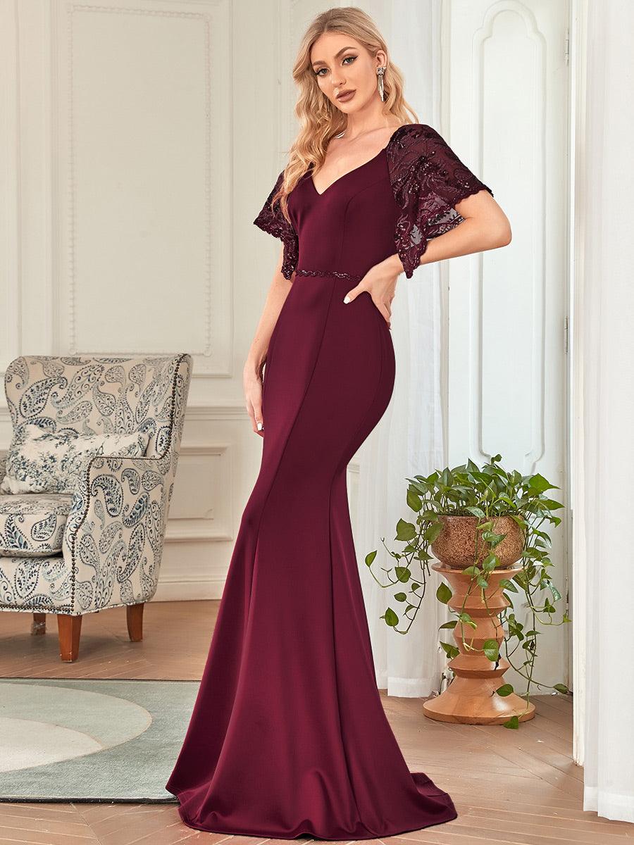 Taille personnalisée Robe de Soirée Sirène Moulante Sexy à Col en V #Couleur_Bordeaux Taille personnalisée Robe de Soirée Sirène Moulante Sexy à Col en V