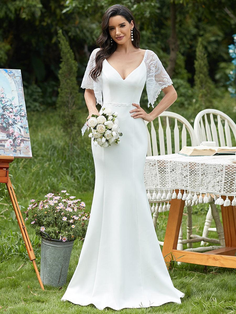 Robe de Soirée Sirène Moulante Sexy à Col en V et Manches évasée #Couleur_Creme