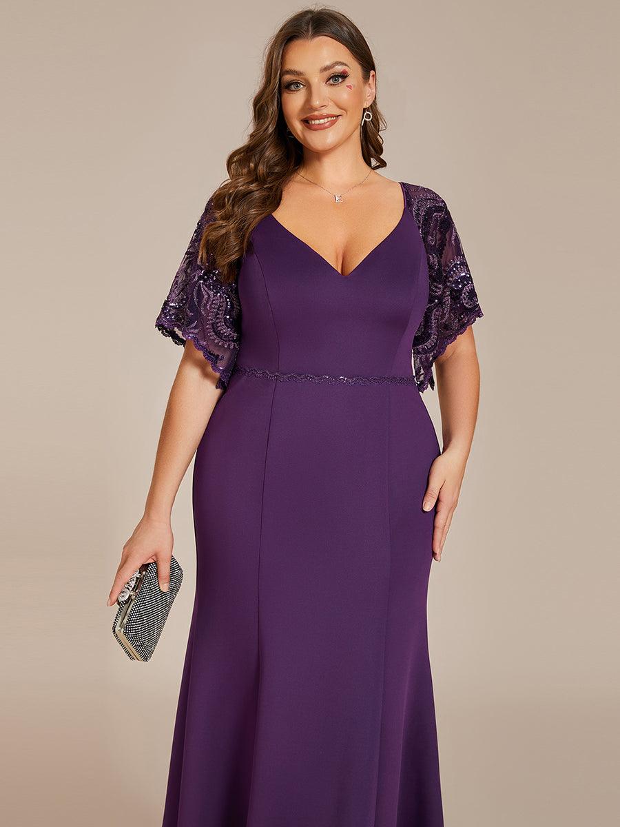 Robe de Soirée Grande Taille Sirène Moulante Sexy à Manches évasée #Couleur_Violet Fonce