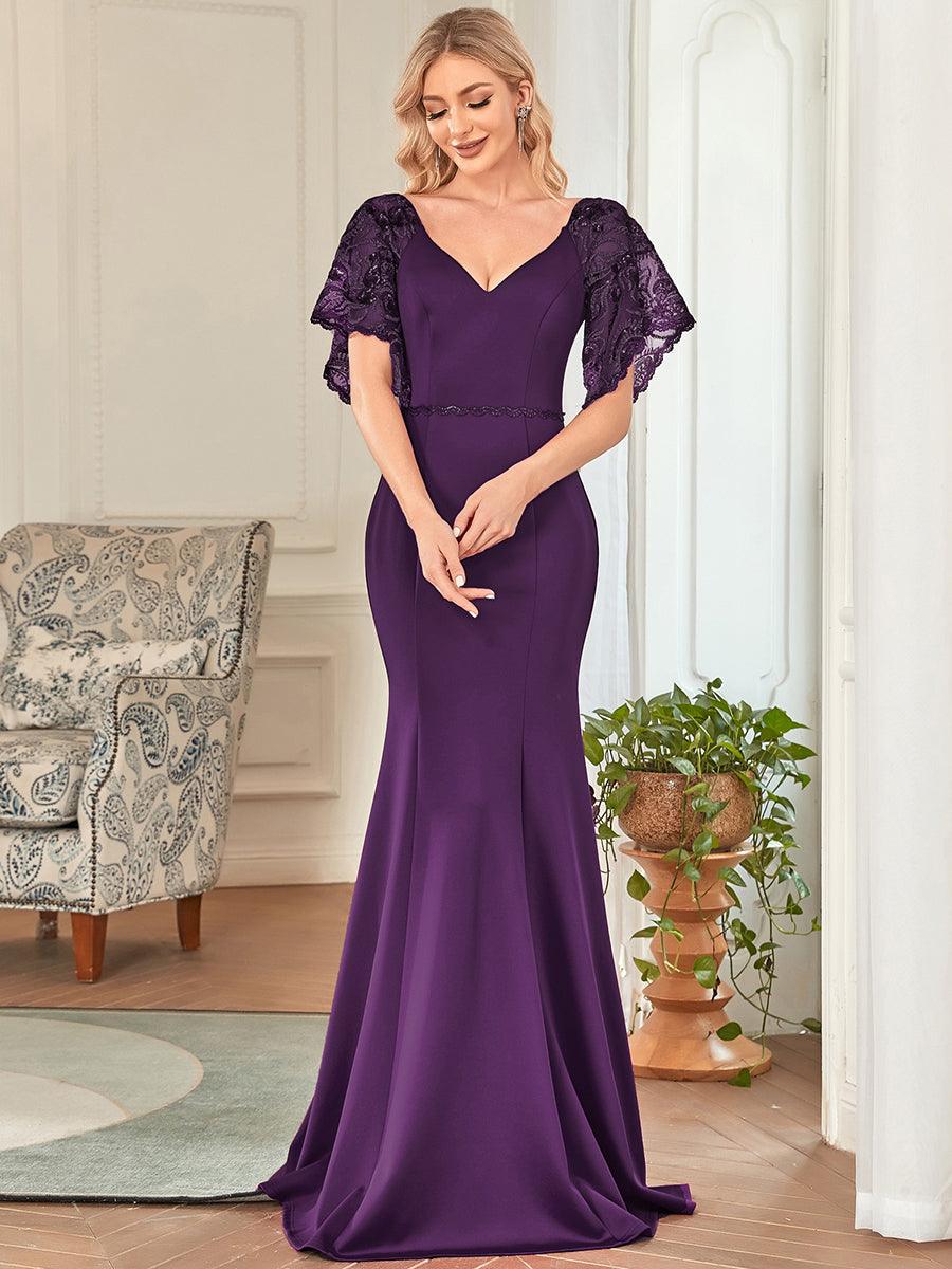 Robe de Soirée Sirène Moulante Sexy à Col en V et Manches évasée #Couleur_Violet Fonce