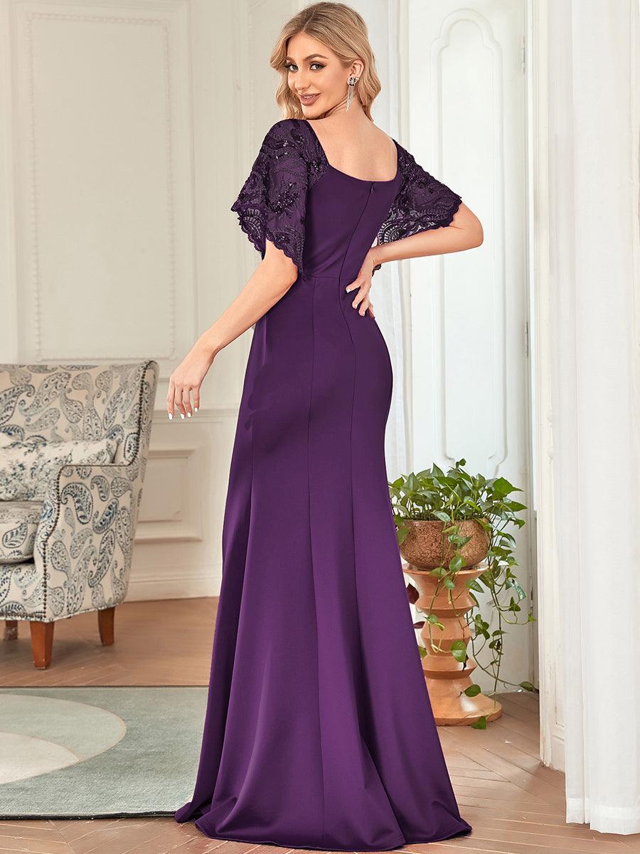 Robe de Soirée Sirène Moulante Sexy à Col en V et Manches évasée #Couleur_Violet Fonce
