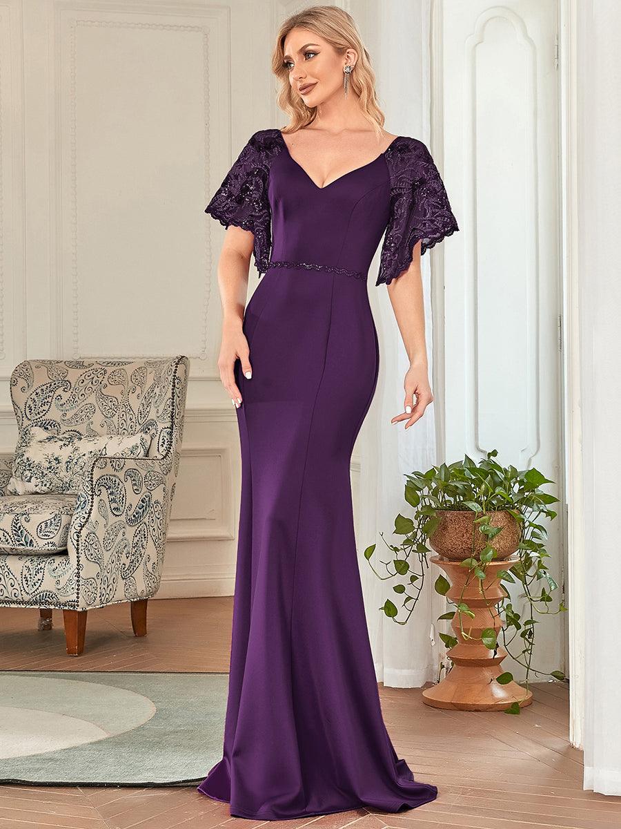 Robe de Soirée Sirène Moulante Sexy à Col en V et Manches évasée #Couleur_Violet Fonce