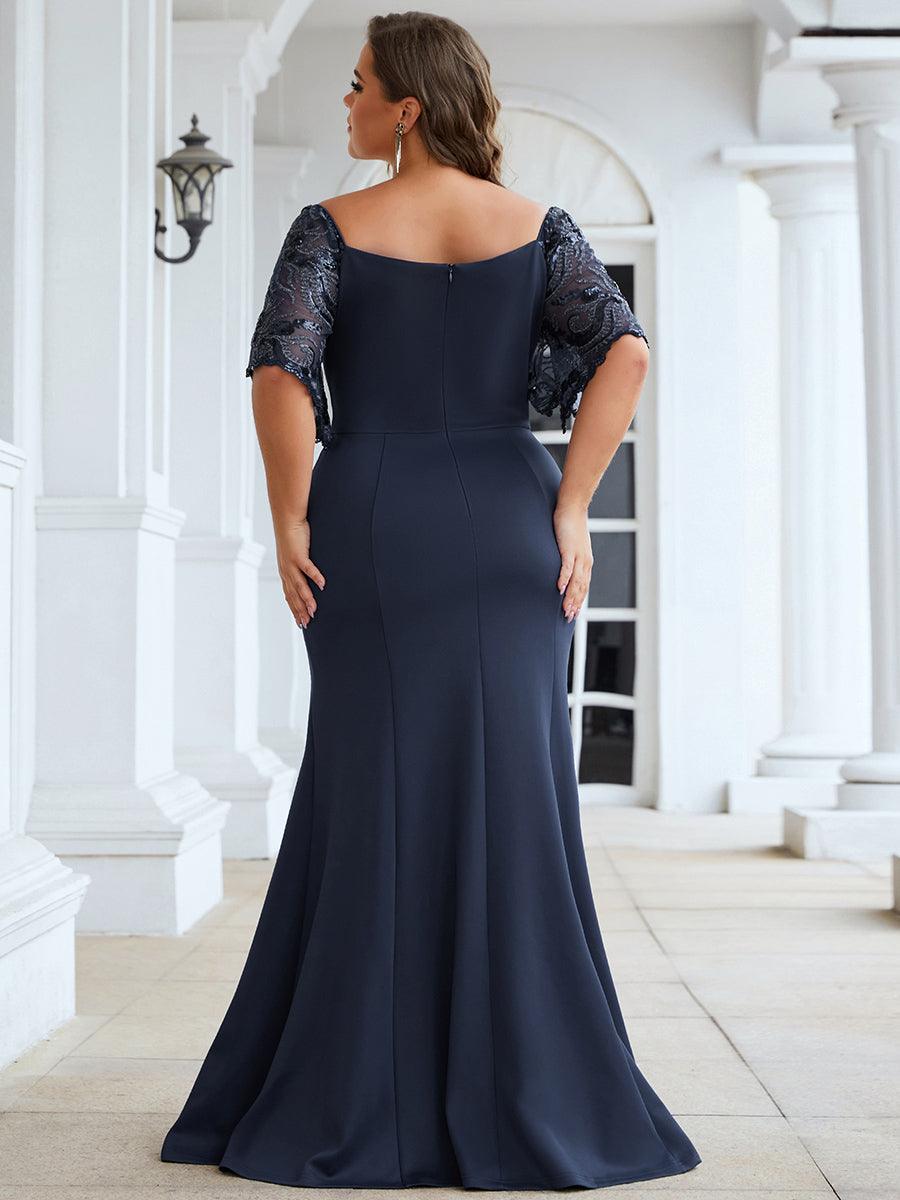 Robe de Soirée Grande Taille Sirène Moulante Sexy à Manches évasée #Couleur_Bleu Marine