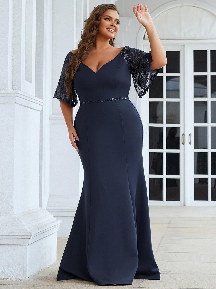 Robe de Soirée Grande Taille Sirène Moulante Sexy à Manches évasée #Couleur_Noir Robe de Soirée Grande Taille Sirène Moulante Sexy à Manches évasée