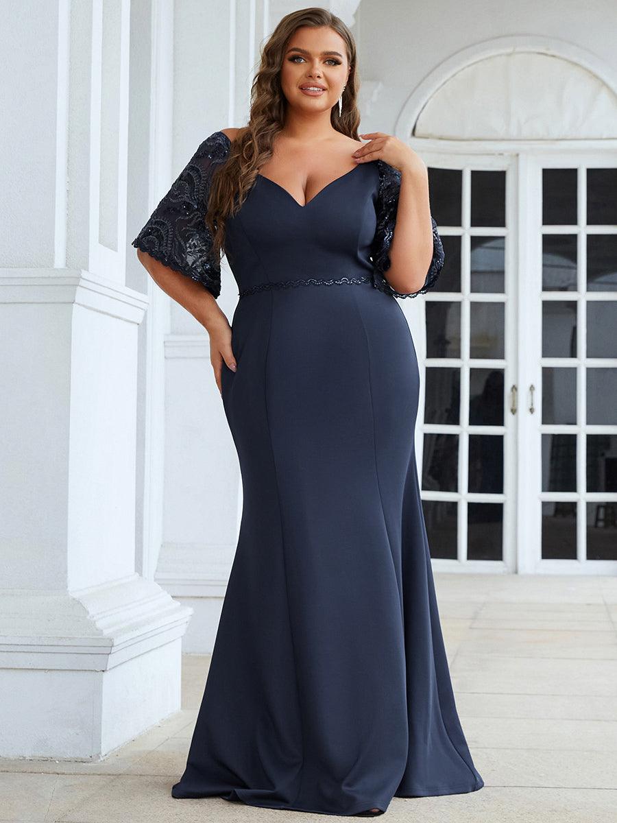 Robe de Soirée Grande Taille Sirène Moulante Sexy à Manches évasée #Couleur_Noir Robe de Soirée Grande Taille Sirène Moulante Sexy à Manches évasée