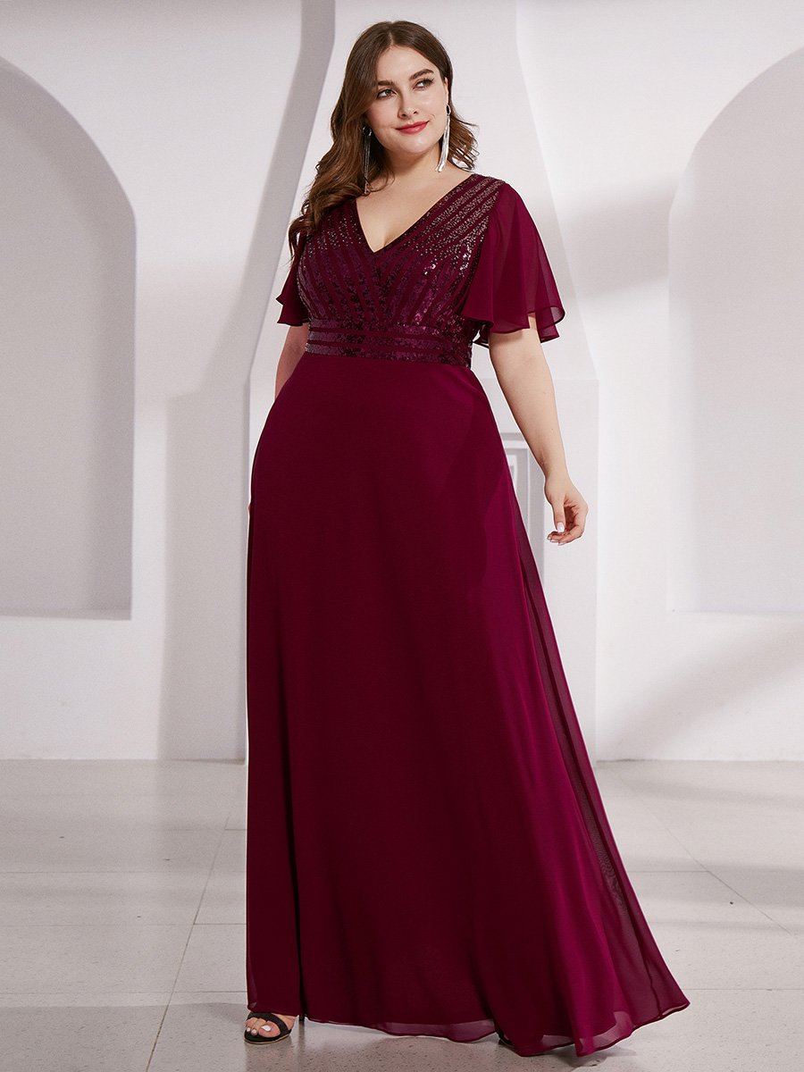 Robe de Soirée Longue Chiffon à Sequins avec Taille Empire #Couleur_Bordeaux Robe de Soirée Longue Chiffon à Sequins avec Taille Empire