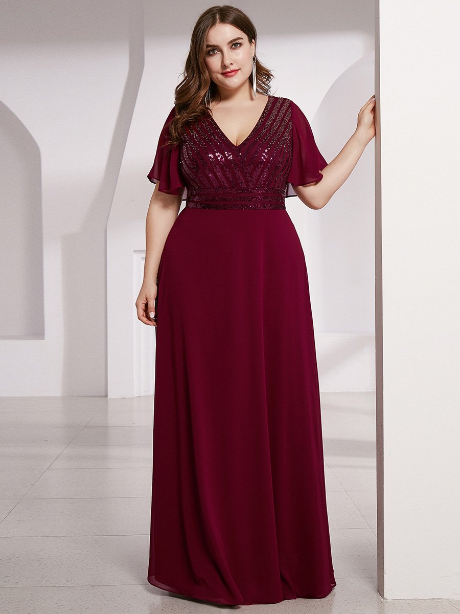 Robe de Soirée Longue Chiffon à Sequins avec Taille Empire #Couleur_Bordeaux Robe de Soirée Longue Chiffon à Sequins avec Taille Empire