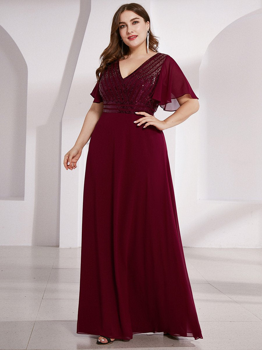 Robe de Soirée Longue Chiffon à Sequins avec Taille Empire #Couleur_Bordeaux Robe de Soirée Longue Chiffon à Sequins avec Taille Empire