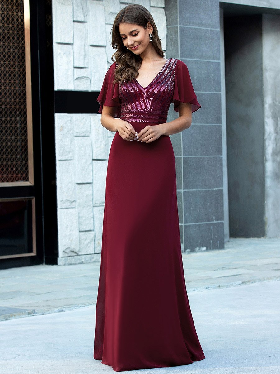 Robe de Soirée Longue Chiffon à Sequins avec Taille Empire #Couleur_Bordeaux Robe de Soirée Longue Chiffon à Sequins avec Taille Empire