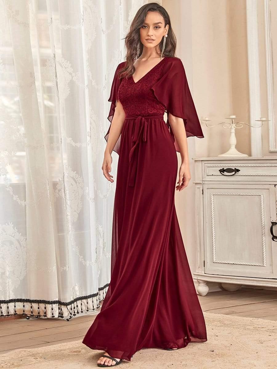 Taille personnalisée Robe de soirée élégante en mousseline à col en V profond #Couleur_Bordeaux Taille personnalisée Robe de soirée élégante en mousseline à col en V profond