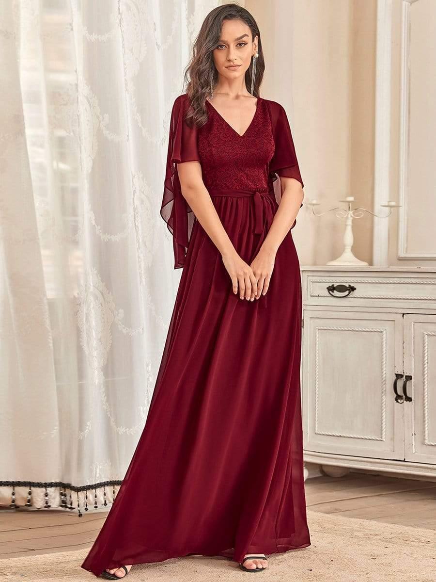 Taille personnalisée Robe de soirée élégante en mousseline à col en V profond #Couleur_Bordeaux Taille personnalisée Robe de soirée élégante en mousseline à col en V profond