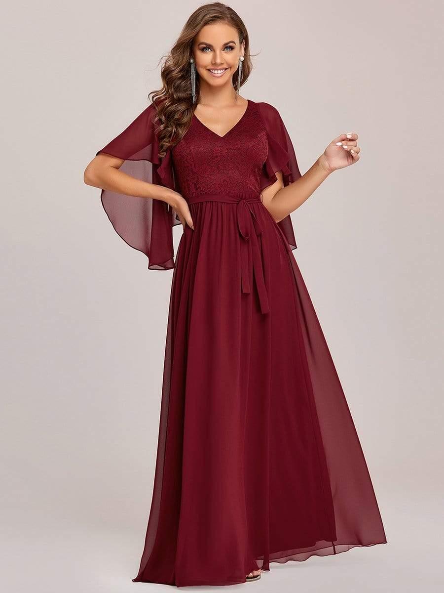 Taille personnalisée Robe de soirée élégante en mousseline à col en V profond #Couleur_Bordeaux Taille personnalisée Robe de soirée élégante en mousseline à col en V profond