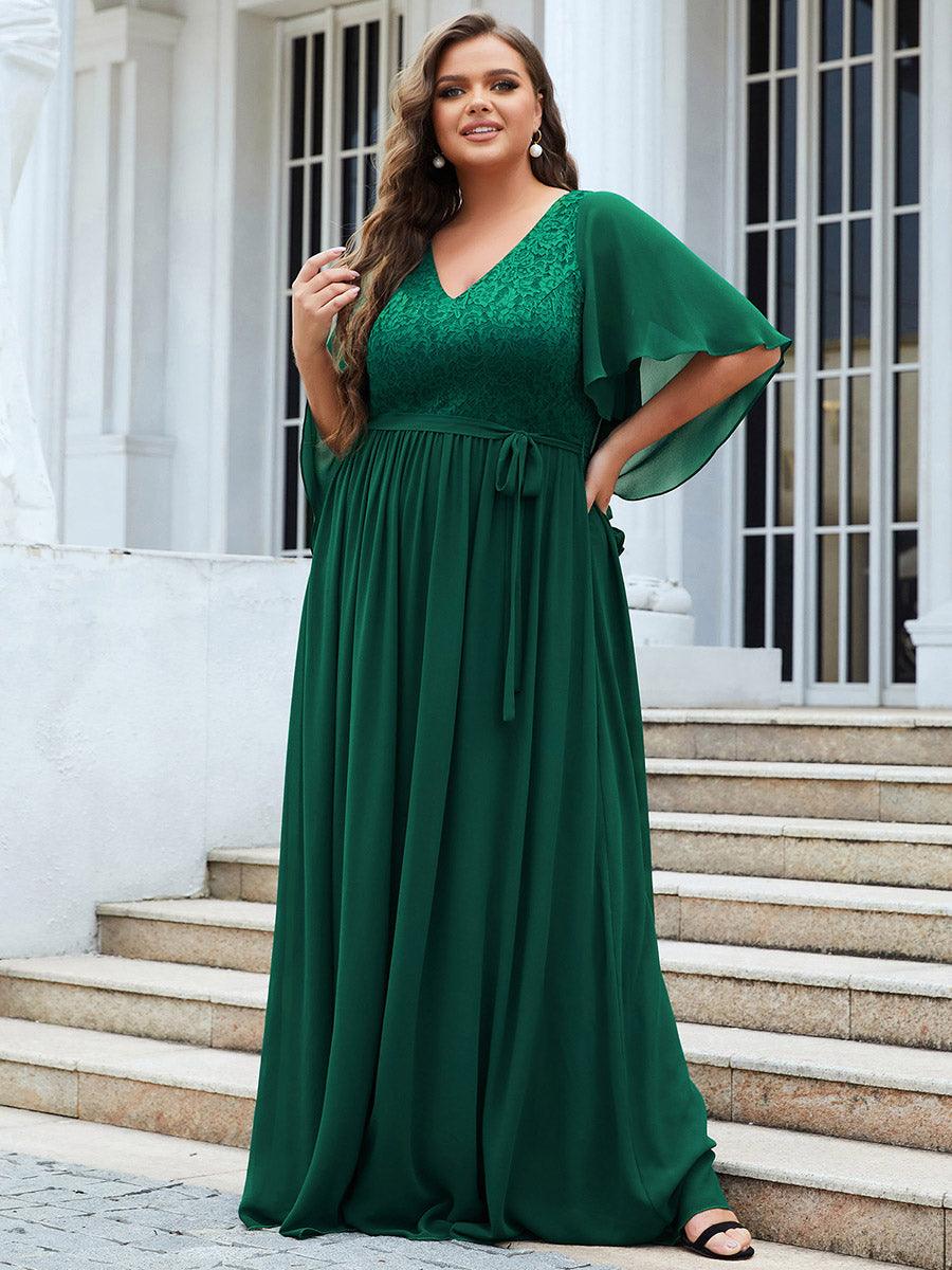 Robe de Soirée Grande Taille à Col en V Profond avec Dentelle #Couleur_Vert Fonce
