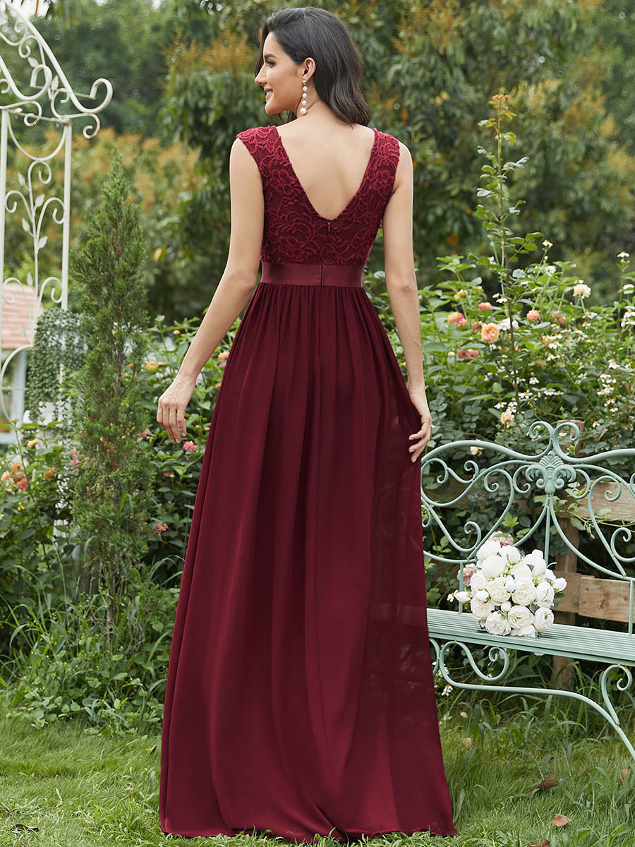 Taille personnalisée robe de demoiselle d'honneur classique à col rond et dos en dentelle #couleur_Rose Taille personnalisée robe de demoiselle d'honneur classique à col rond et dos en dentelle