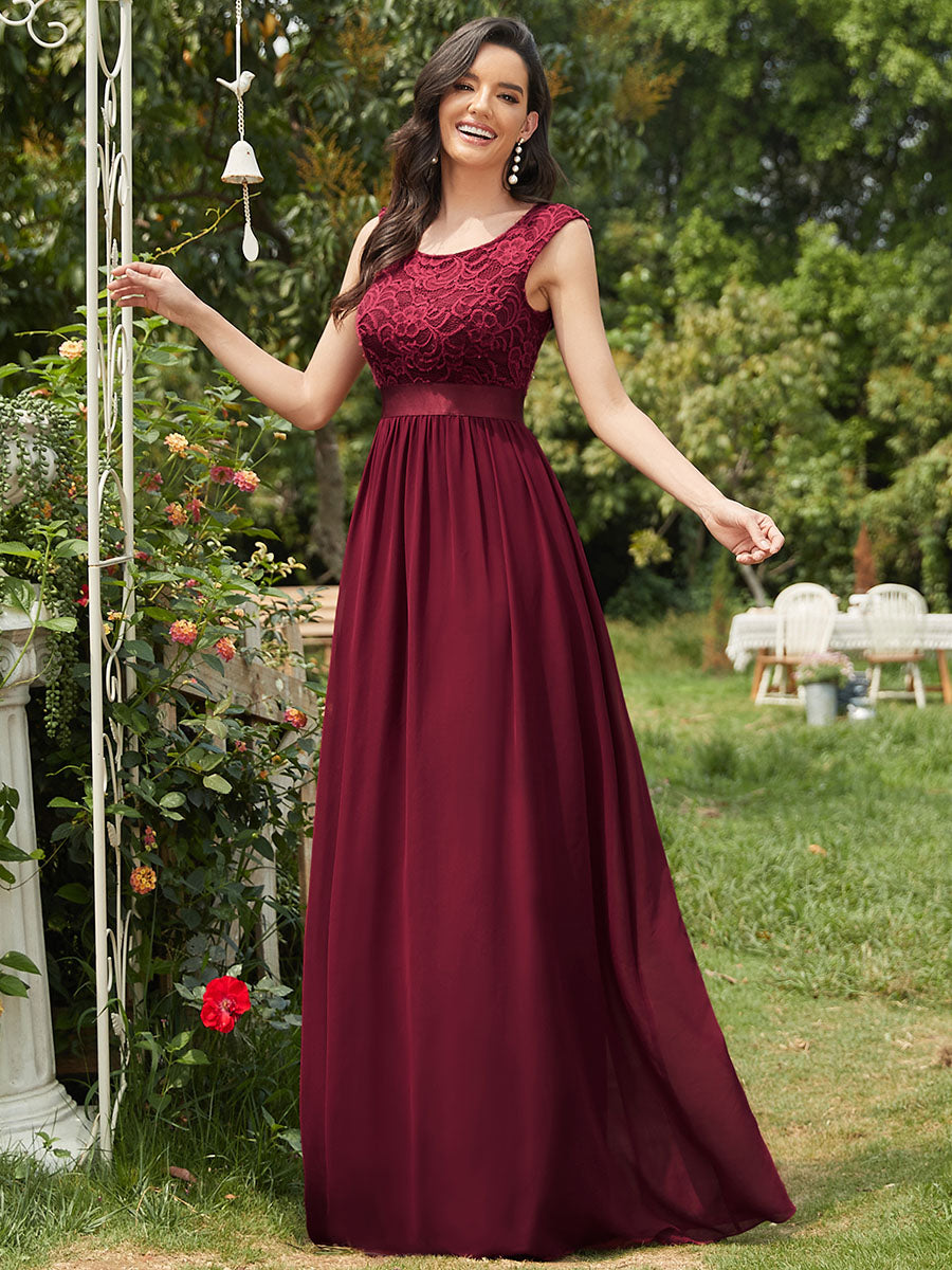 Taille personnalisée robe de demoiselle d'honneur classique à col rond et dos en dentelle #couleur_Rose Taille personnalisée robe de demoiselle d'honneur classique à col rond et dos en dentelle