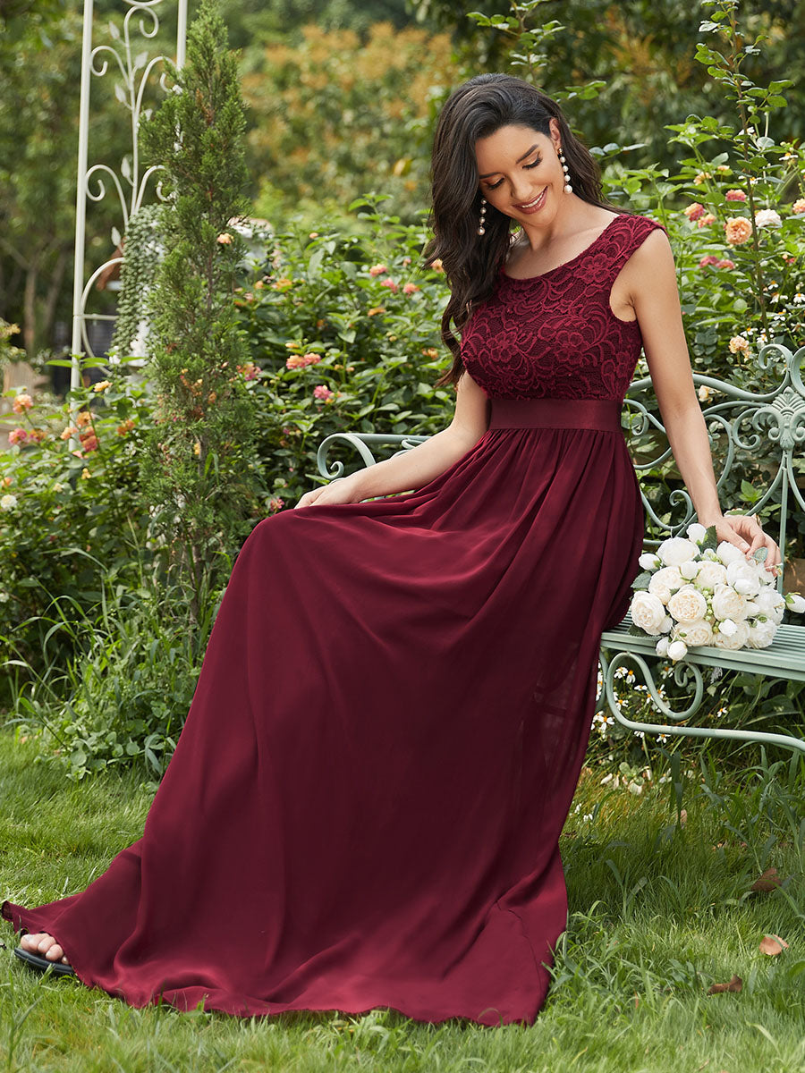 Taille personnalisée robe de demoiselle d'honneur classique à col rond et dos en dentelle #couleur_Rose Taille personnalisée robe de demoiselle d'honneur classique à col rond et dos en dentelle