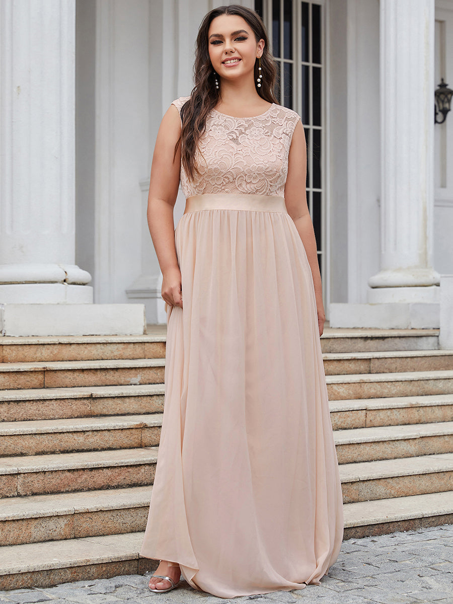 Taille personnalisée robe de demoiselle d'honneur classique à col rond et dos en dentelle #couleur_Rose Taille personnalisée robe de demoiselle d'honneur classique à col rond et dos en dentelle