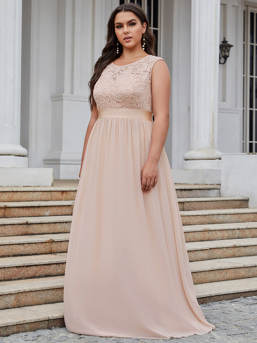 Taille personnalisée robe de demoiselle d'honneur classique à col rond et dos en dentelle #couleur_Rose Taille personnalisée robe de demoiselle d'honneur classique à col rond et dos en dentelle