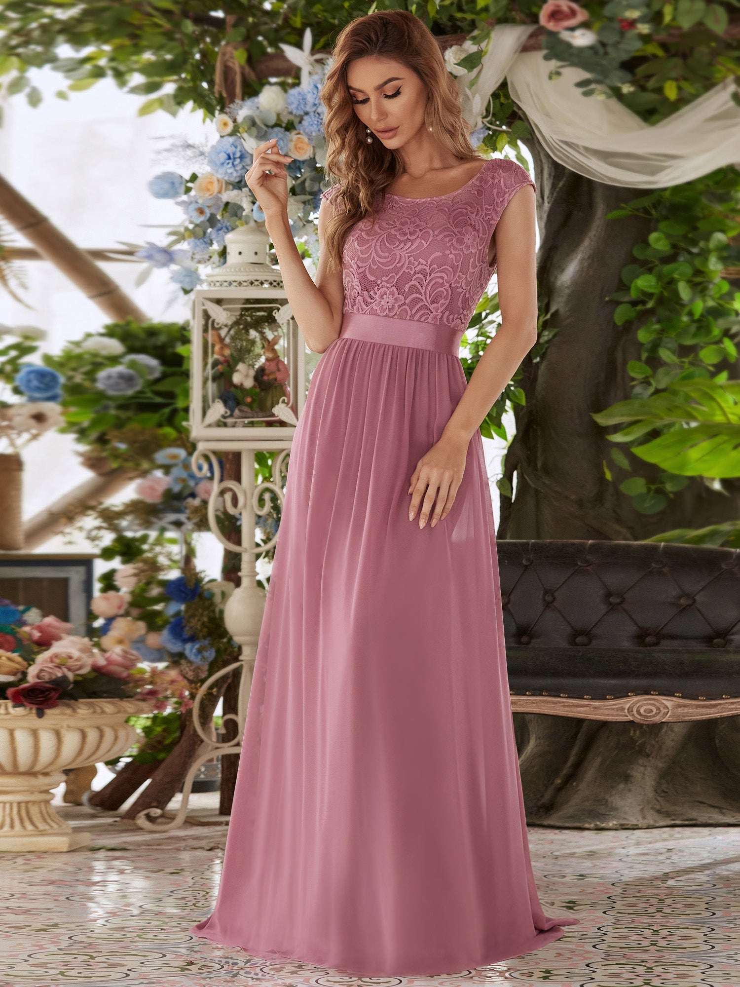 Taille personnalisée robe de demoiselle d'honneur classique à col rond et dos en dentelle #couleur_Rose Taille personnalisée robe de demoiselle d'honneur classique à col rond et dos en dentelle